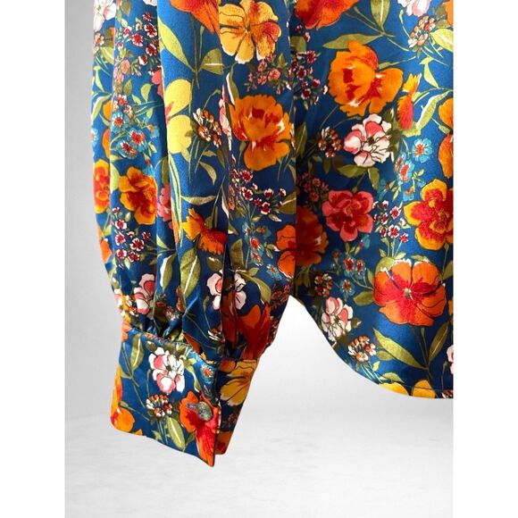 GeeGee "Found You" Blue Floral Satan Bubble Sleeve Blouse, Size 1X - Picture 6 of 8